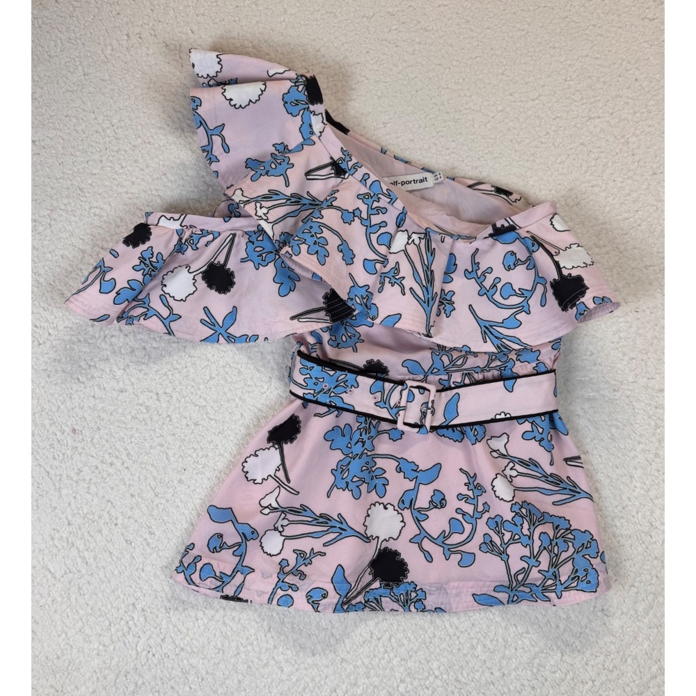 Self-Portrait Pink Floral One Shoulder Ruffle Belted Top US 4‎